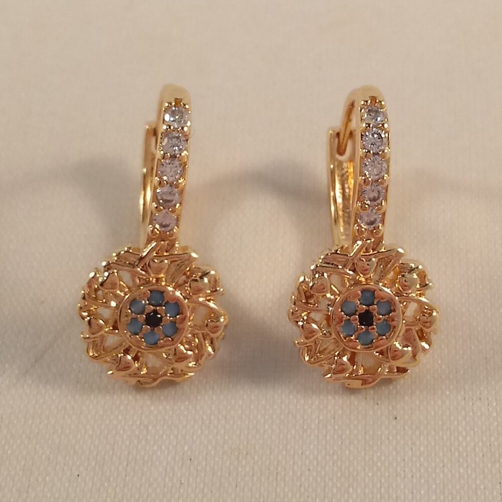 18K Yellow Gold Filled Flower Blue Diamond Zircon Drop Hoop Earrings Gorgeous